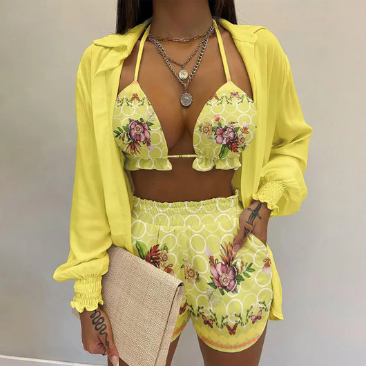 Women's three-piece beachwear set with neon yellow bikini top, floral print long-sleeve shirt, and matching shorts. - Image 21