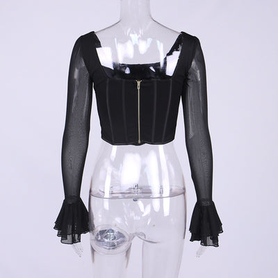 Blusa Crop Top Cuello Cuadrado con Mangas Acampanadas y Malla Efecto Espina de Pescado - Image 18