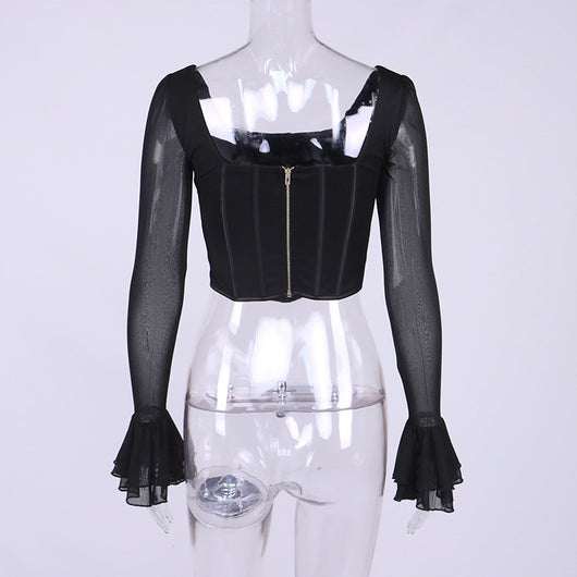 Blusa Crop Top Cuello Cuadrado con Mangas Acampanadas y Malla Efecto Espina de Pescado - Image 18
