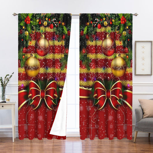 Pair of Christmas curtains with a 3D digital print of a snowy winter window scene, frosted trees, and snowflakes. - Image 28