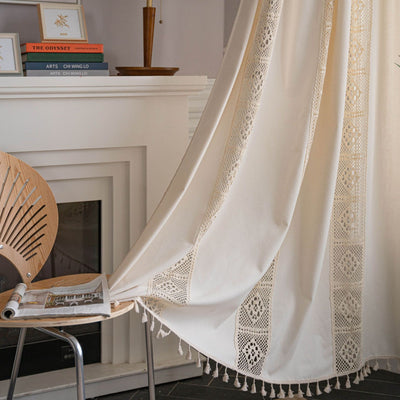 Beige crochet and plaid stitching short curtain with tassels, made from polyester cotton, hanging in a cozy room. - Image 22