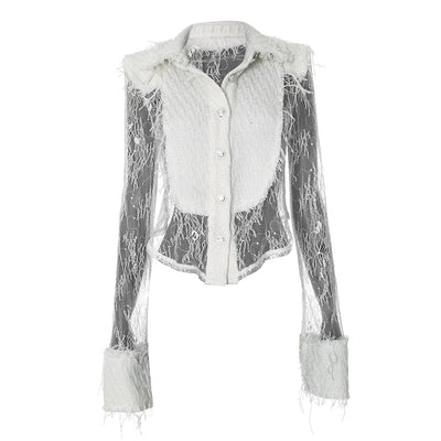 Blusa Transparente con Encaje Blanco y Costuras Decorativas - Image 19