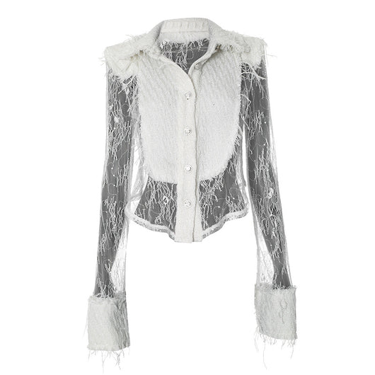 Blusa Transparente con Encaje Blanco y Costuras Decorativas - Image 19