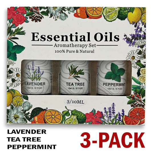 3-pack essential oil set with lavender, tea tree, and peppermint scents in amber bottles and a decorative box. - Image 10