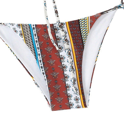 Women's printed lace-up bandeau bikini top and tie-side bottoms with colorful striped and paisley patterns. - Image 5
