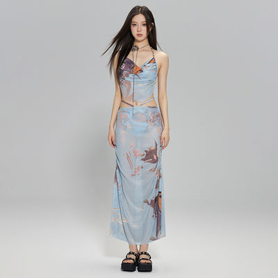 Light blue abstract print two-piece bikini set with a cropped halter top featuring chain straps and a ruched maxi skirt. - Image 3