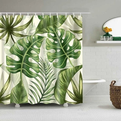Tropical shower curtain with a vibrant green leaf print, including monstera and palm leaves, on a white background. - Image 13