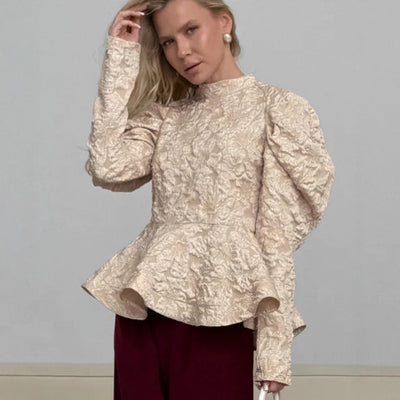 Blusa Retro Cuello Parado con Mangas Abullonadas