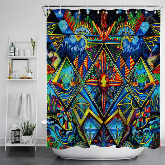 Vibrant psychedelic shower curtain with an abstract digital print featuring an elephant head and cannabis leaves in bright colors. - Image 14