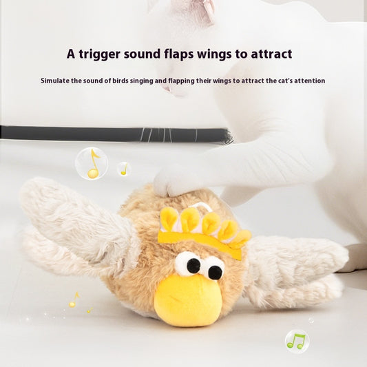 Plush electric bird cat toy with brown body, white wings, yellow beak, and googly eyes. Includes charging cable and catnip. - Image 2