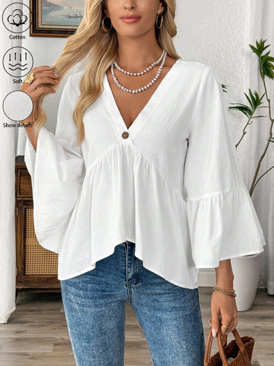 Blusa Cuello V con Mangas Volantes en Colores Sólidos - Image 13