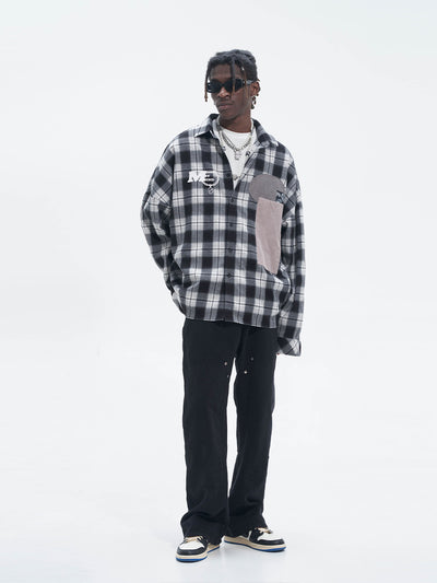 Camisa Suelta Hip Hop con Parches de Cuadros y Manga Larga - Image 9