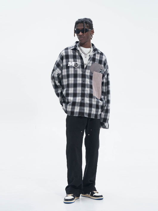 Camisa Suelta Hip Hop con Parches de Cuadros y Manga Larga - Image 9