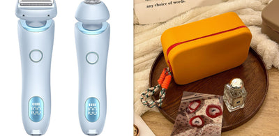 Light blue 2-in-1 electric shaver for women with interchangeable foil and epilator heads, digital display. - Image 19