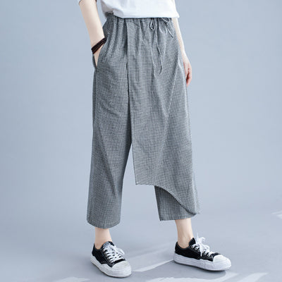 Pantalones Casuales Talla Grande en Algodón y Lino a Cuadros - Image 3