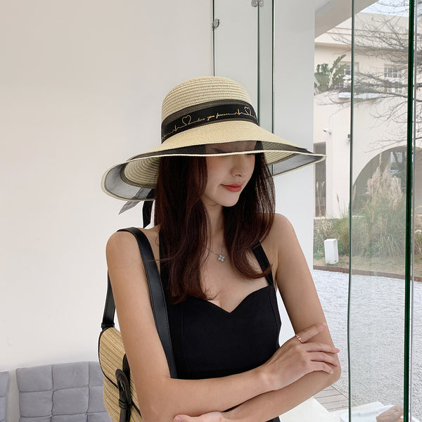 Sombrero de Paja Mesh con Cinta para Mujer Primavera Verano