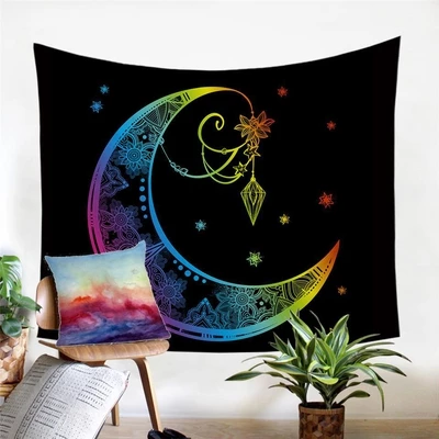 Black tapestry with a large, colorful rainbow crescent moon featuring intricate mandala patterns and hanging star motifs. - Image 2