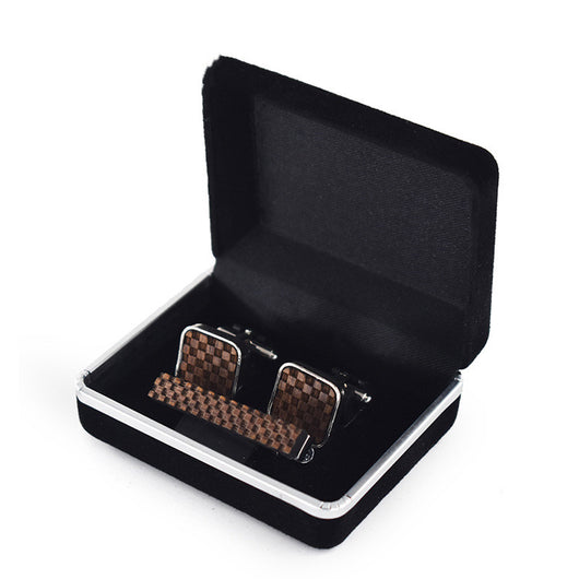 Set de Gemelos y Clip de Corbata Cuadrado con Patrón Reticular - Image 3