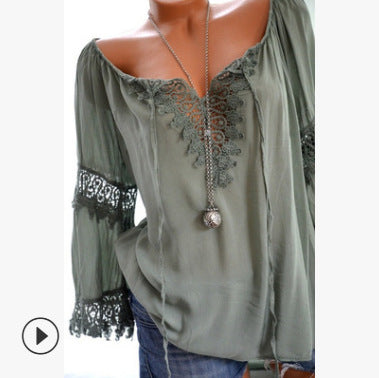 Blusa Asimétrica de Algodón y Lino con Encaje de Manga Larga - Image 15
