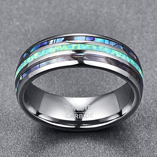 Anillo de Boda Tungsteno 8mm con Ópalo Sintético y Concha Abalone para Hombre y Mujer - Image 3