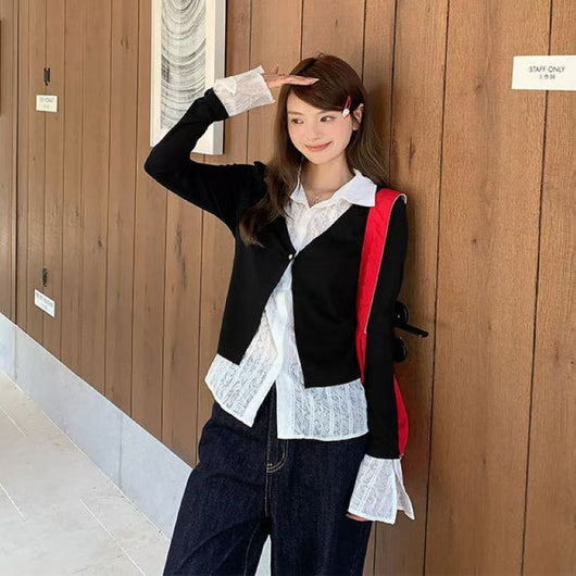 Blusa Falsa Dos Piezas de Manga Larga para Mujer