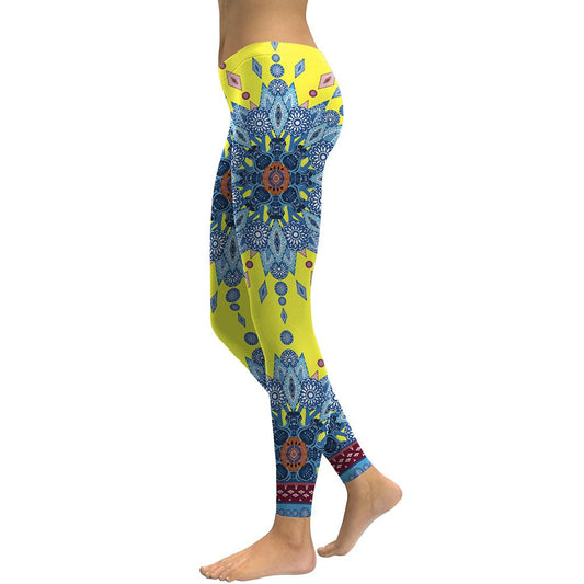 Leggings Deportivos Mandala Floral Amarillo y Azul para Yoga