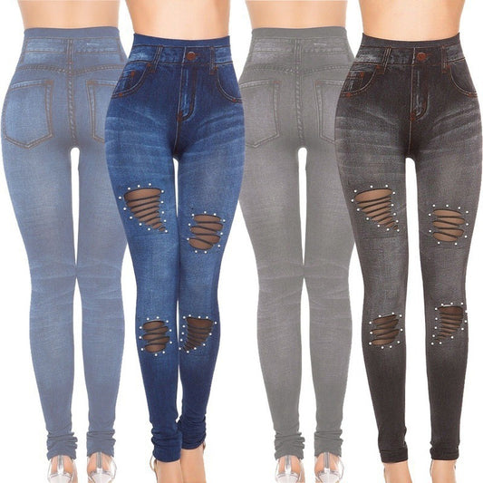 Leggins Denim Elásticos con Detalles de Malla y Perlas