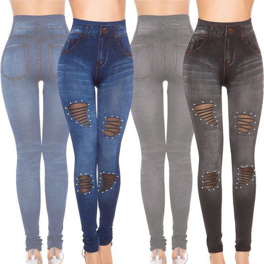 Leggins Denim Elásticos con Detalles de Malla y Perlas