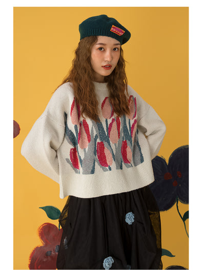 Suéter Holgado con Estampado Vintage de Tulipanes