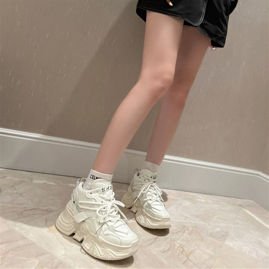 Zapatos Deportivos Casuales para Mujer con Cordones de Cuero y Suela Gruesa Acolchada