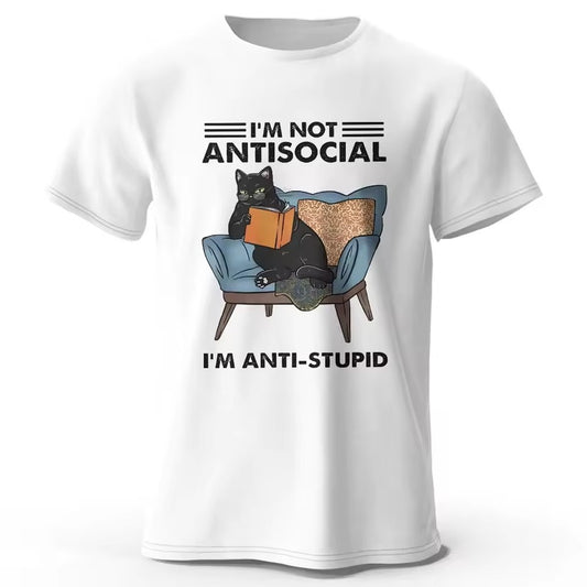 Red short-sleeve t-shirt with a black cat reading a book on an armchair and "I'M NOT ANTISOCIAL I'M ANTI-STUPID" text.