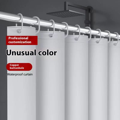Transparent PEVA shower curtain with stainless steel grommets and hooks on a silver shower rod. - Image 5