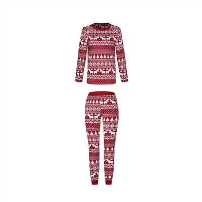 Red and white Christmas pajama set with long-sleeve top and pants, featuring a Fair Isle reindeer and tree print. - Image 3