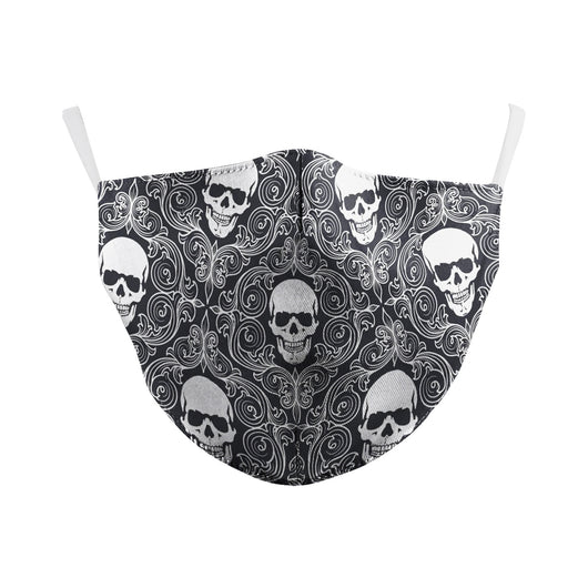 Dark green dust mask with a pattern of white skulls, blue flowers, and pink butterflies, featuring black ear loops. - Image 18