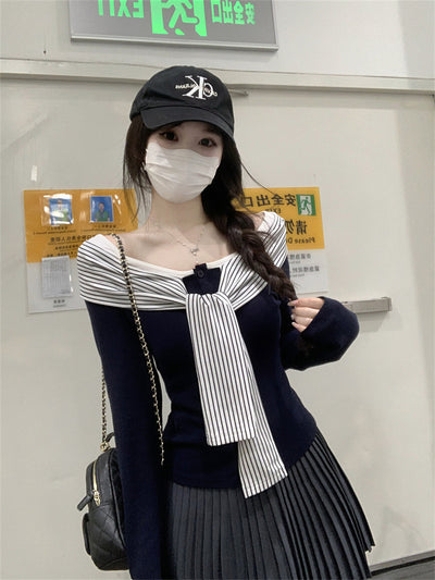 Blusa Rayas con Cordones y Encaje Manga Larga para Mujer - Image 13