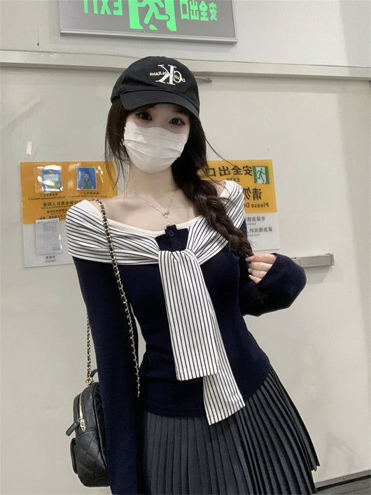 Blusa Rayas con Cordones y Encaje Manga Larga para Mujer - Image 13