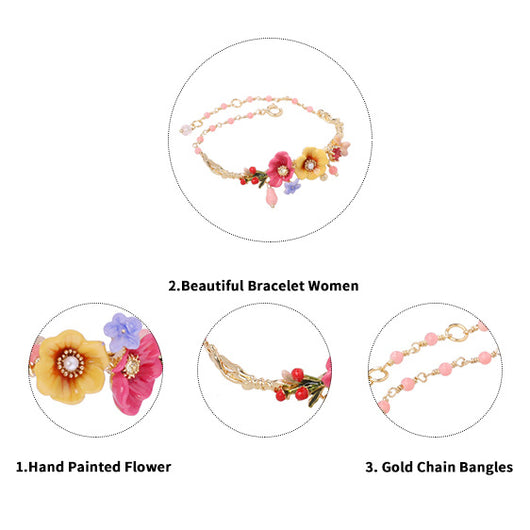 Pulsera de Flores de Peonía en Esmalte Rosa con Zircones Chapada en Oro - Image 18