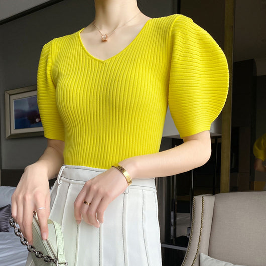 Blusa de Punto Escote en V con Mangas Abullonadas Holgadas