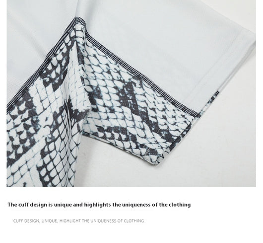 White mesh jersey t-shirt with a V-neck and short drop-shoulder sleeves, featuring a black and white snake scale design. - Image 14
