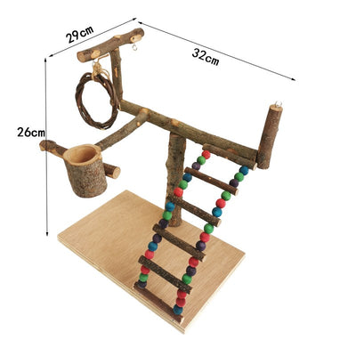 Solid wood parrot play stand with multiple perches, a colorful beaded ladder, a feeding cup, and a hanging vine toy. - Image 5