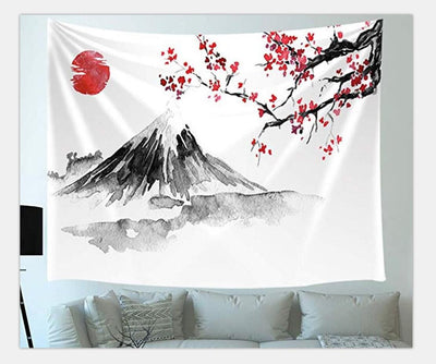 White tapestry with a watercolor design of Mount Fuji, a red sun, and black branches with red cherry blossoms.