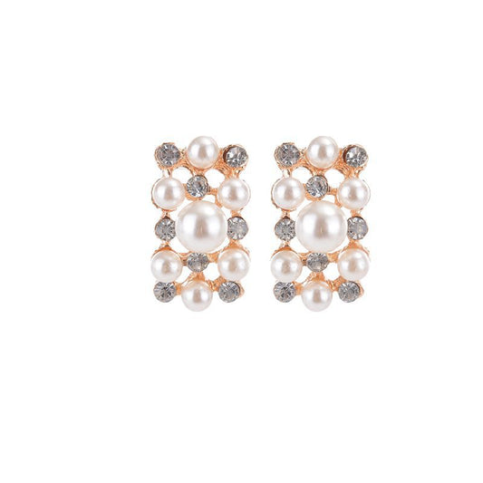 Gold-toned heart-shaped necklace and dangle earrings set with clear rhinestones and faux pearls. - Image 2