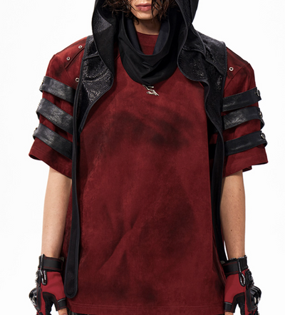 Camiseta Roja Patchwork de Cuero Oscuro Teñida a Mano - Image 6