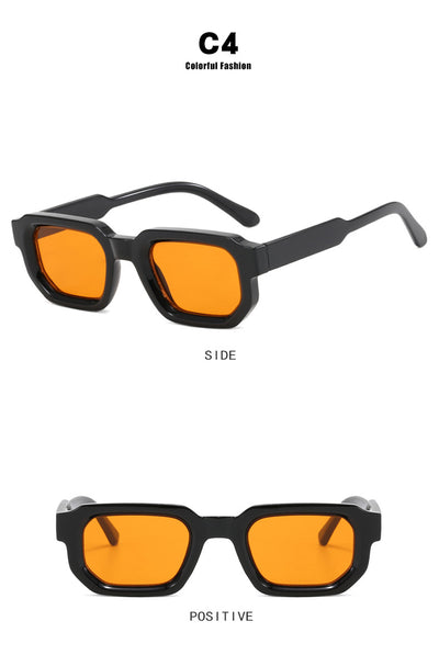 Black square-frame sunglasses with thick, angular frames and dark blue lenses, shown on a white background. - Image 29
