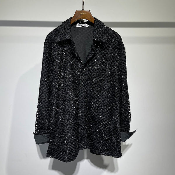 Camisa Suelta con Diseño de Malla Superpuesta y Solapa