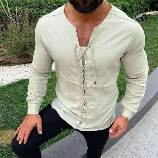 Camisa de Algodón y Lino con Cuello de Cuerda