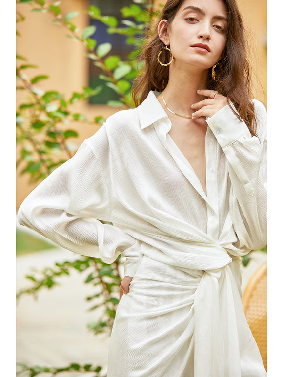 Vestido Camisero Blanco Escote en V para Mujer