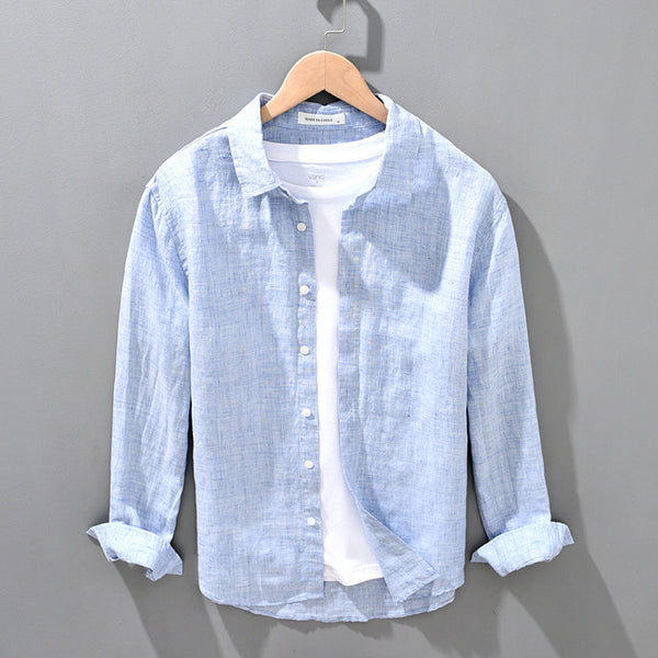 Camisa de Lino Transpirable Suelta para Hombre Color Sólido
