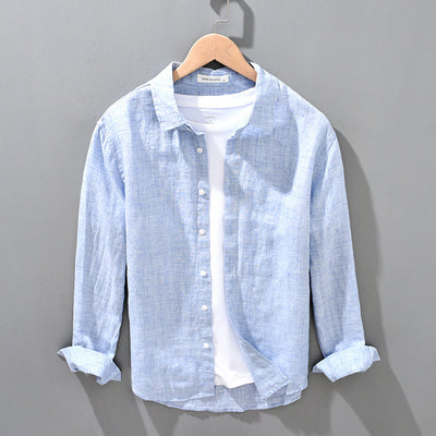 Camisa de Lino Transpirable Suelta para Hombre Color Sólido - Image 2