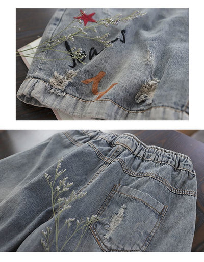 Pantalones Rectos Vintage con Cintura Elástica y Detalles Bordados Rotos - Image 9